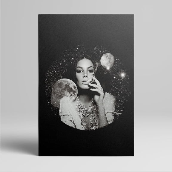 1pc Black - and - White Canvas Wall Art with a Mysterious Woman Surrounded by Moons and Stars, framed Decor room hanging Wall Picture Decor for Home Gifts, living room, bathroom, bedroom, kitchen
