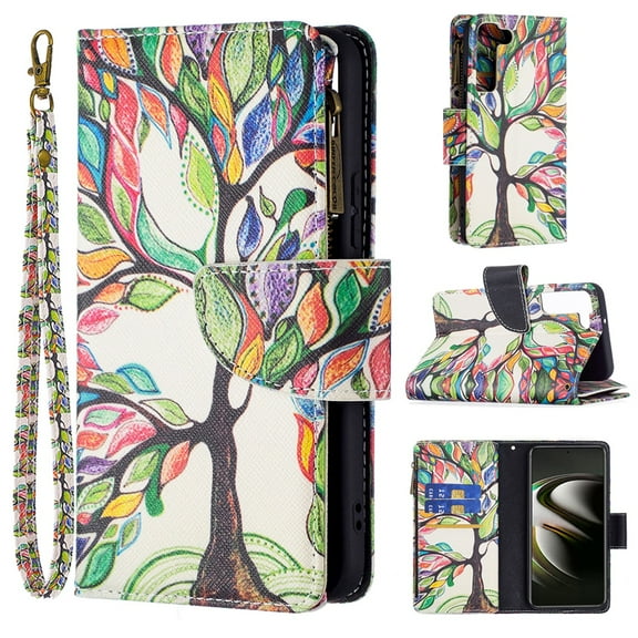 Allytech Wallet Case Compatible with Samsung Galaxy S23 Plus (6.6 inch) 2023, 9 Card Holder & Zipper Pocket PU Leather Anti-Shock Kickstand Case with Hand Strap for Galaxy S23 5G, Colorful Tree