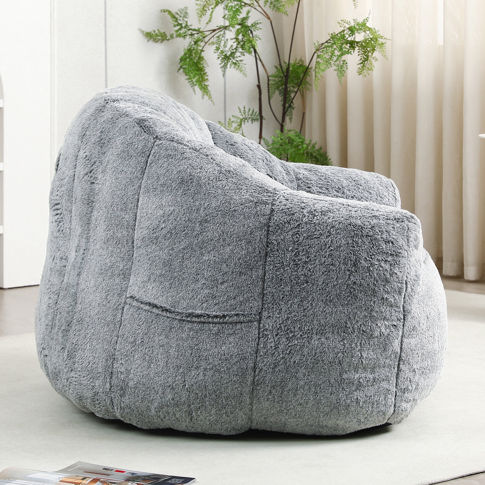 PAPROOS Oversized Bean Bag Chair for Adults, Dark Gray Faux Fur Memory Foam Bean Bag Sofa, Pre-Filled Comfy Lazy Sofa Chair with Removable Cover for Living Room Bedroom Dorm
