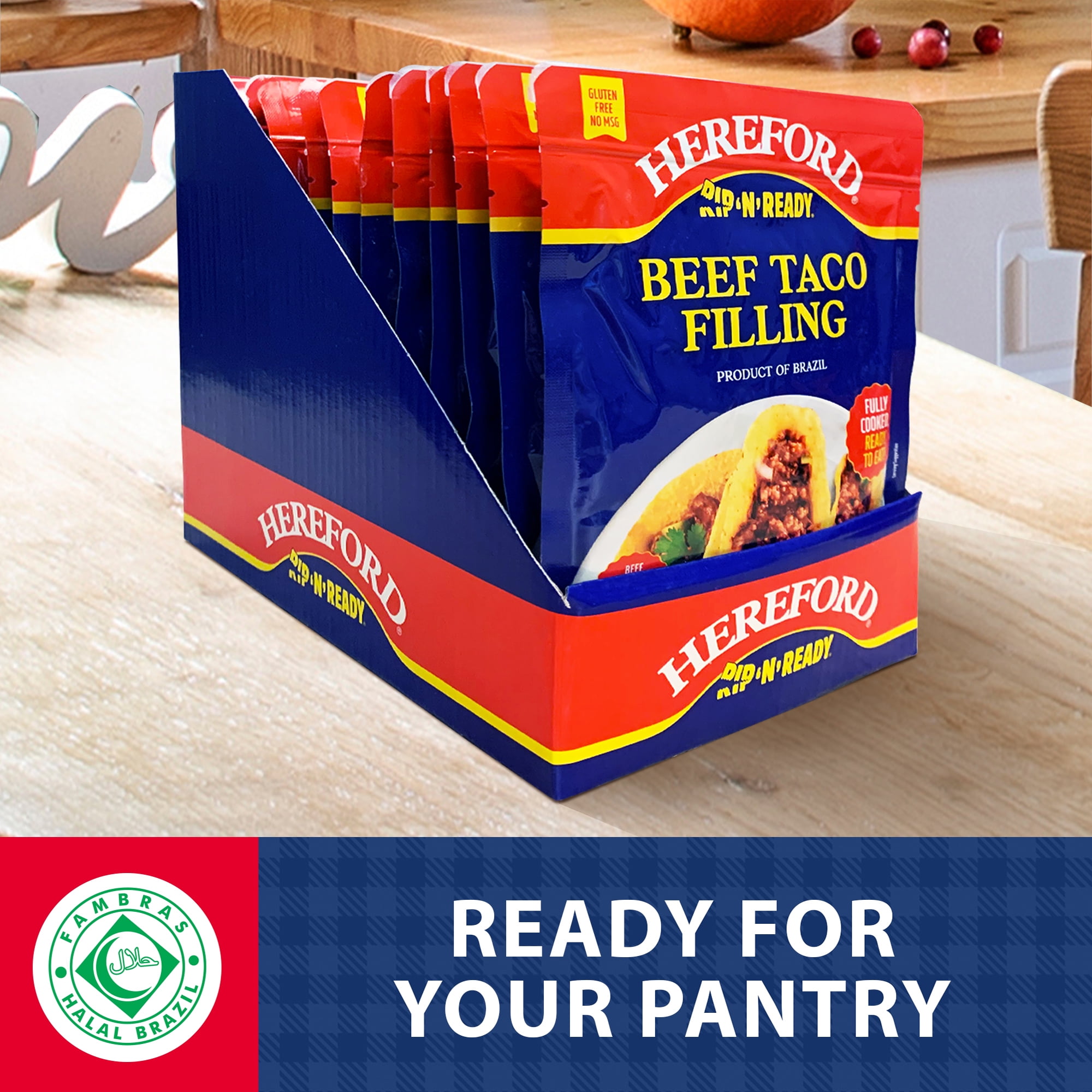 (4 pack) Hereford Fully Cooked Beef Taco Filling, Shelf Stable Pouch, 6 oz