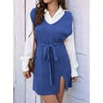thumbnail image 4 of Womens Sweater Vest Dress Pattern Knitted Pullovers Sweaters V Neck Tie Waist Tank Sweater Dress Blue M, 4 of 8