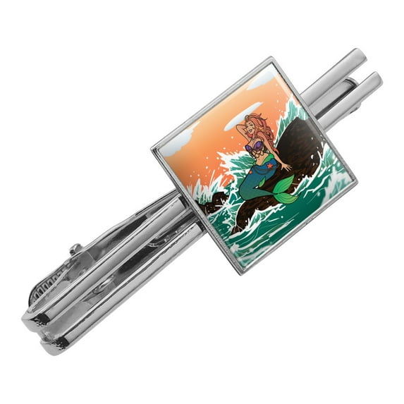 Sexy Mermaid On Rock Square Tie Bar Clip Clasp Tack- Silver or Gold