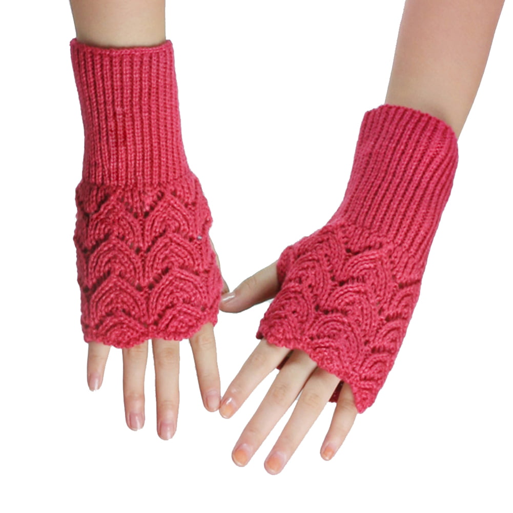 Solid Floral Arm Warmer Winter Fingerless Knit Mitten Women Long Gloves