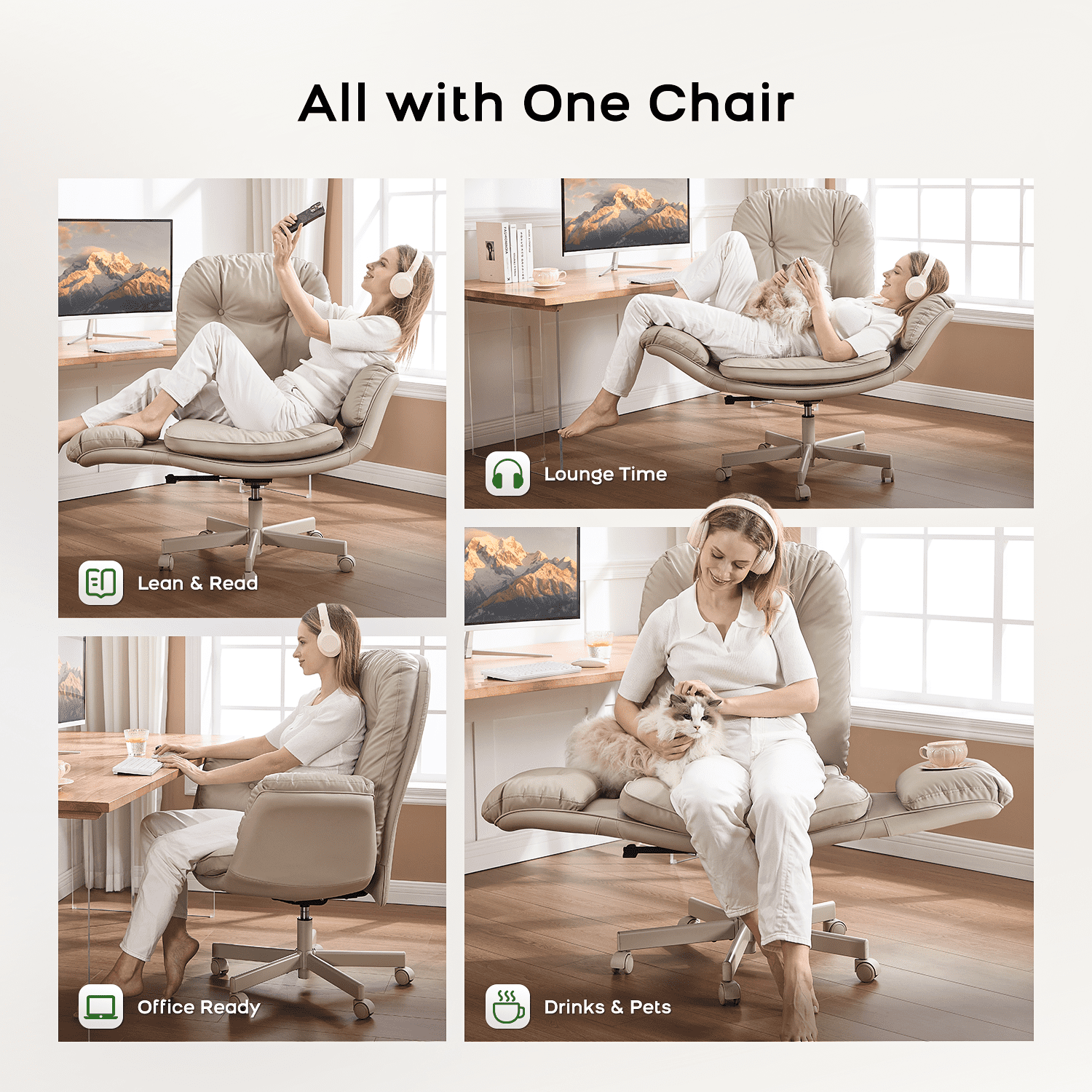 TMV PU Leather Office Chair Criss Cross Chair,Vanity Chair with Armrests & Wheels for Cross-Legged,Adjustable Swivel Desk Chair Wide Rolling Chair for Adults,Cream