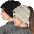 thumbnail image 3 of Gorro elástico de punto cálido y moderno, gorro de cola de caballo con moño alto desordenado, 3 of 3