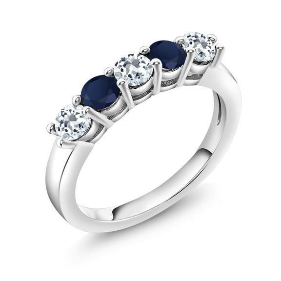 Gem Stone King 925 Sterling Silver White Topaz and Blue Sapphire 5-Stone Wedding Anniversary Band Ring for Women (1.15 Cttw, Gemstone November Birthstone, Size 8)