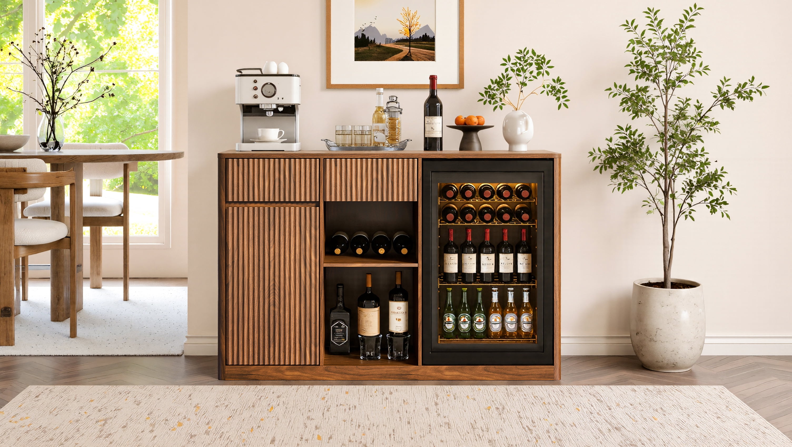 51.2" Modern Fluted Bar Cabinet with Fridge Compartment(Fridge Not Included, Adjustable Shelves & Built-in Power Outlets, Multipurpose Wine Storage Cabinet for Living & Dining Room, Walnut