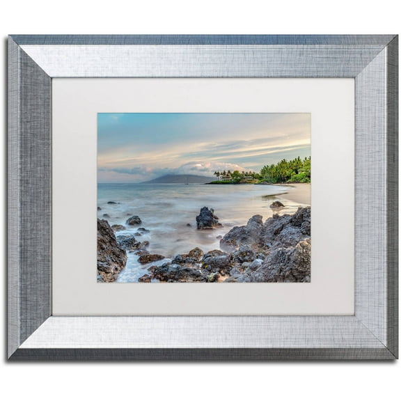 Trademark Fine Art 'Secret Beach Sunrise Maui' Canvas Art by Pierre Leclerc, White Matte, Silver Frame