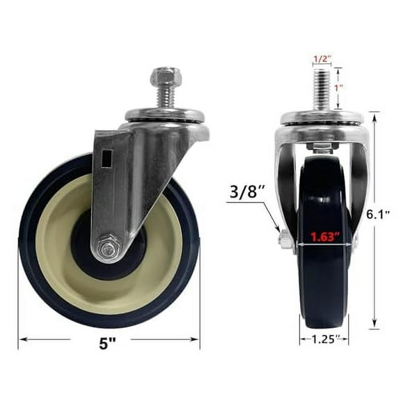 5" Casters Replacement Shopping Cart Wheels, Polyurethane 3/8'' Bore Casters Set of 4 Wheels for Cart Loading Capacity 1400lbs Total