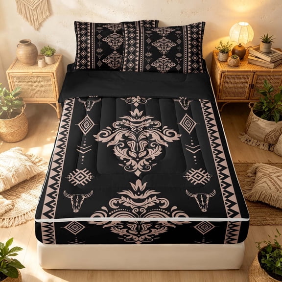 Erosebridal Southwestern Damask Zipper Queen Comforter Set with Fitted Sheet and 2 Pillowcases, Retro Aztec Zipper Bedding Set, Black Blush, Black Reversible