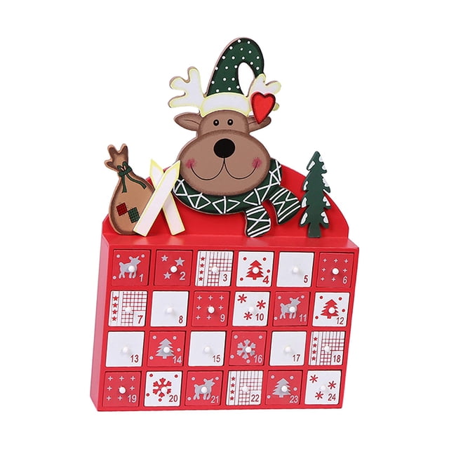 Calendario de madera de 24 días de Adviento con cajones de almacenamiento Patrón de reno Organizador de dulces Rellenable para la decoración de Colco Calendario de adviento