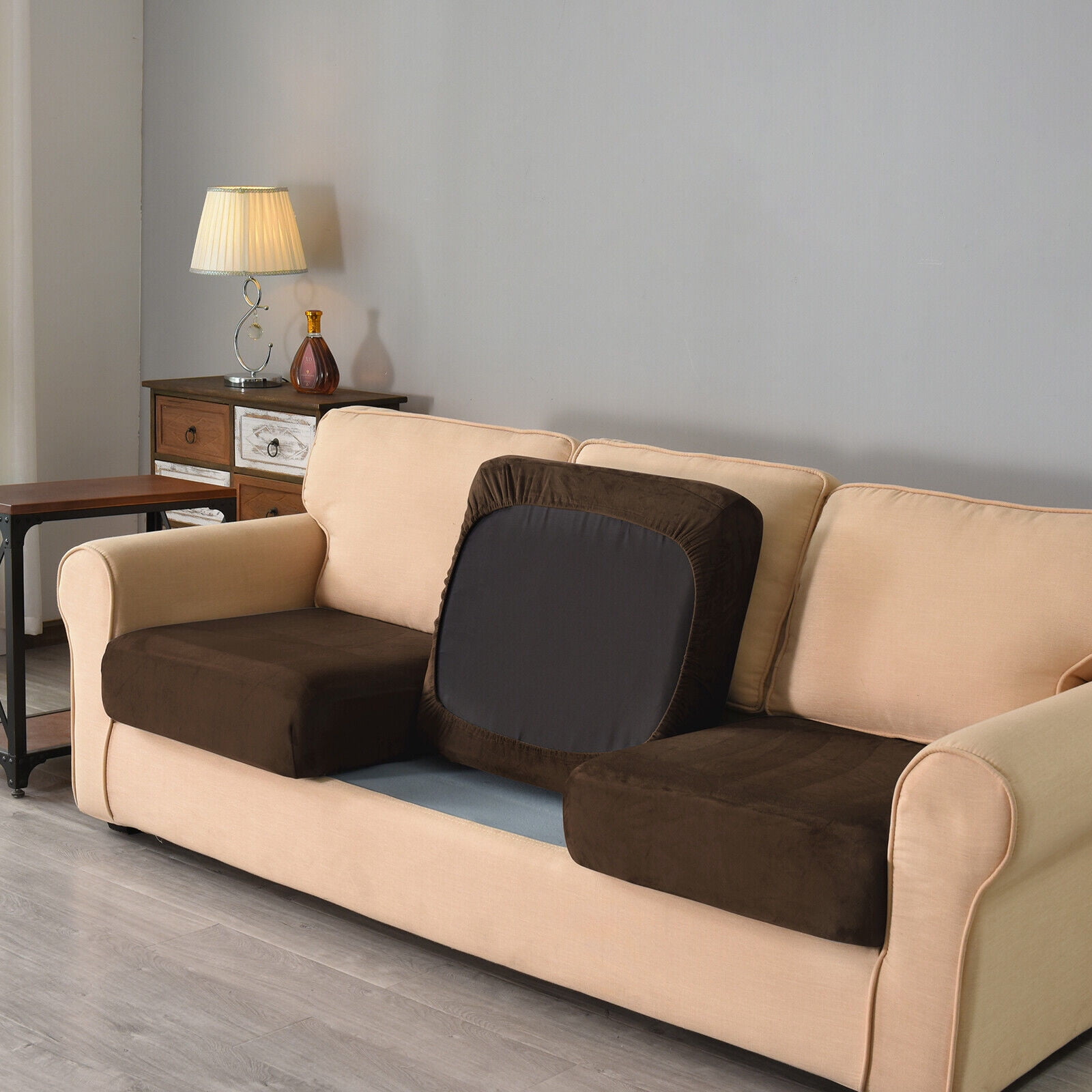 TOPCHANCES 7-Pieces Sofa Covers, Velvet Stretch Couch Slipcovers for 3 Cushion Sofa, Anti-Slip Furniture Slipcover with Separate Cushion Covers and Backrest Covers (Coffee)