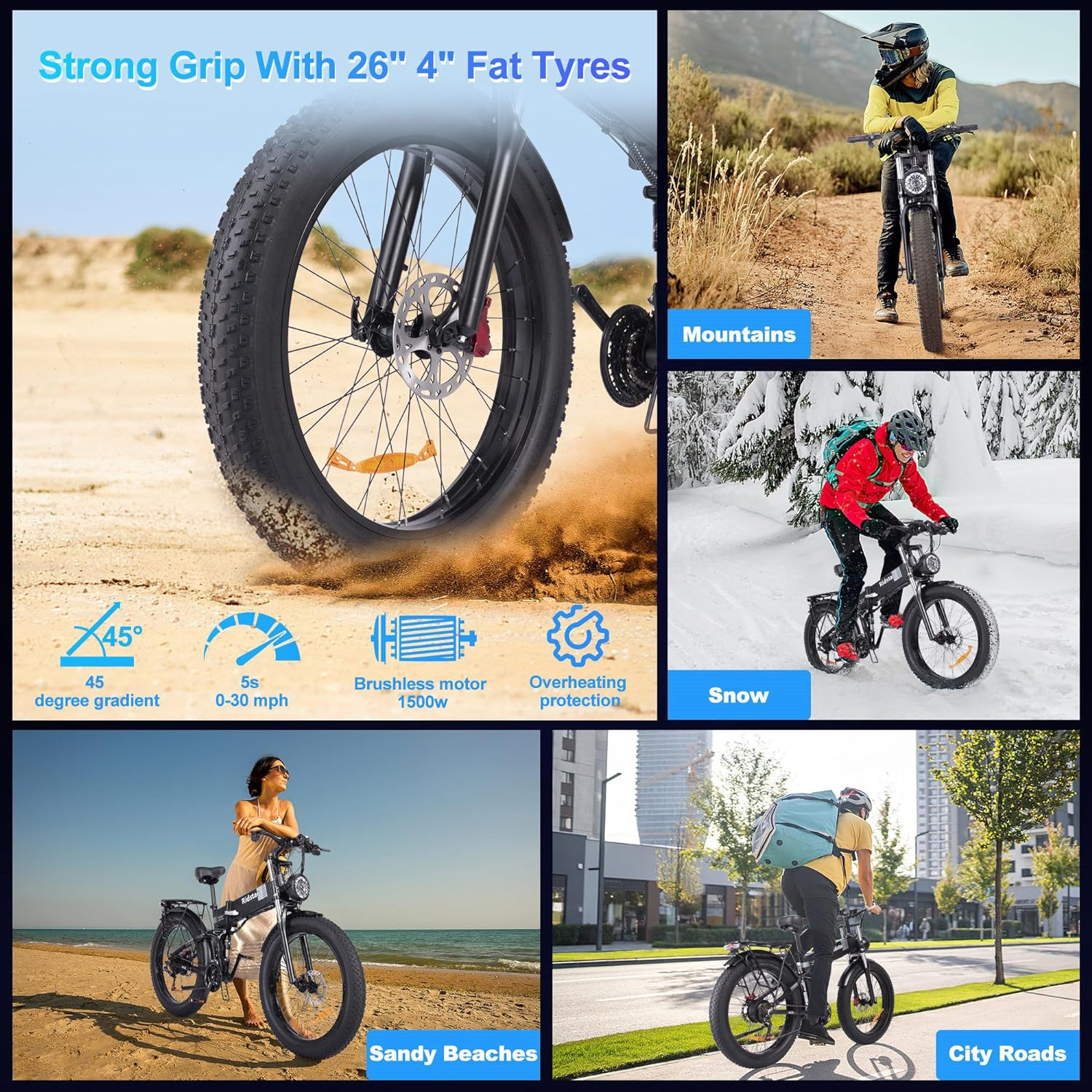 Ridstar Electric Bike for Adults,1500W 35MPH,48V/20AH Folding Electric Bicycle,26"Fat Tire 21 Speed Mountain Bike UL 2849