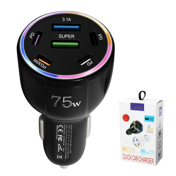 75W 6-Port Super Fast Car Charger with Color Mood Light, 4x USB-C & 2x USB Car Adapter, 12V Cigarette Lighter Charger for Phone/Tablet/Laptop in All Vehicles