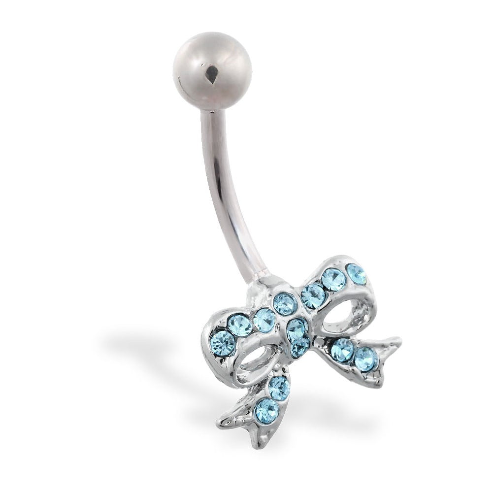 MsPiercing Jeweled Bow Belly Button Ring,Aquamarine A