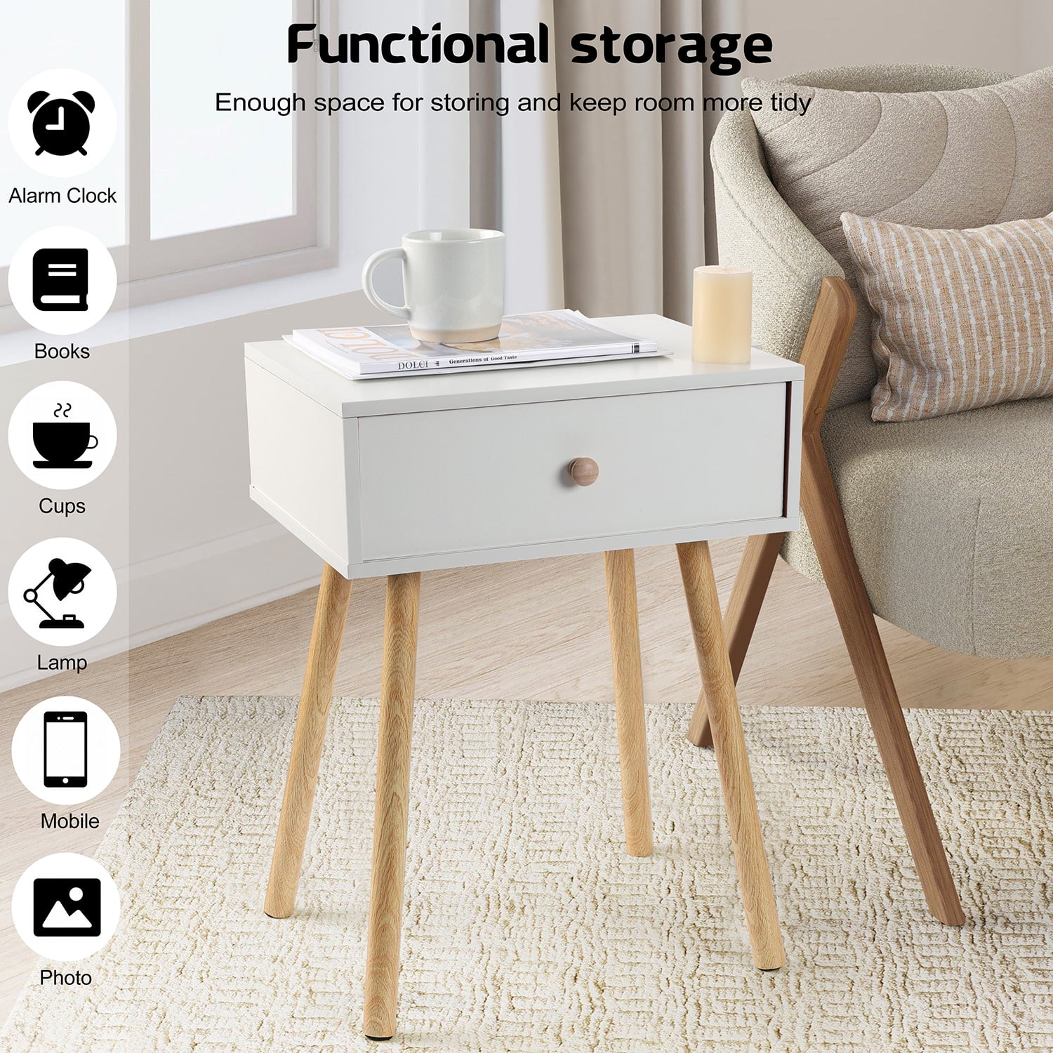 Vesteel Nightstands Set of 2, Modern End Table with Drawer, White Bedside Furniture Dresser for Bedroom, Living Room