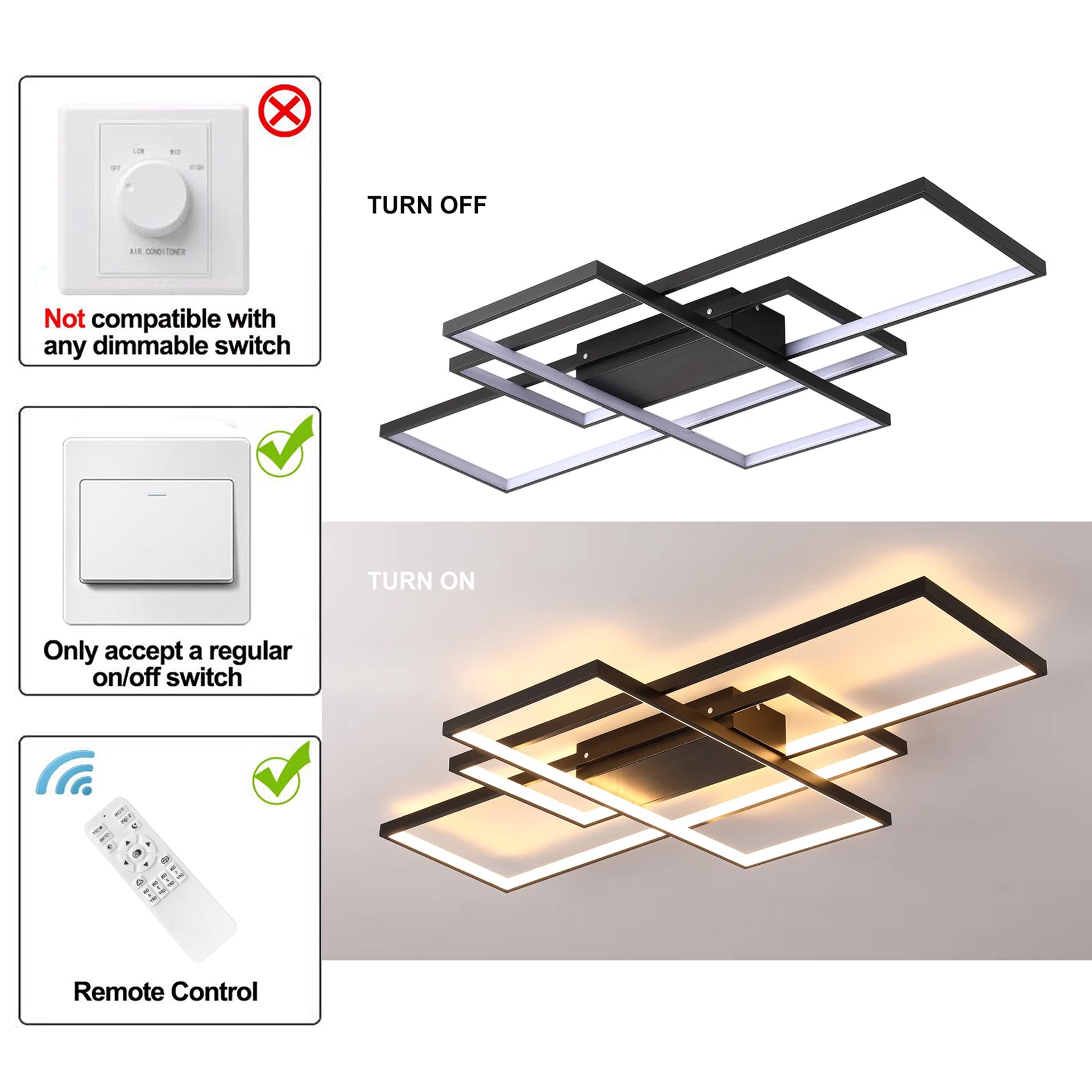 Garwarm 35.4in. Black 3-Square LED Ceiling Light with Remote, 50W Dimmable Flush Mount Ceiling Light, Modern Acrylic Fixture for Living Room Bedroom Kitchen