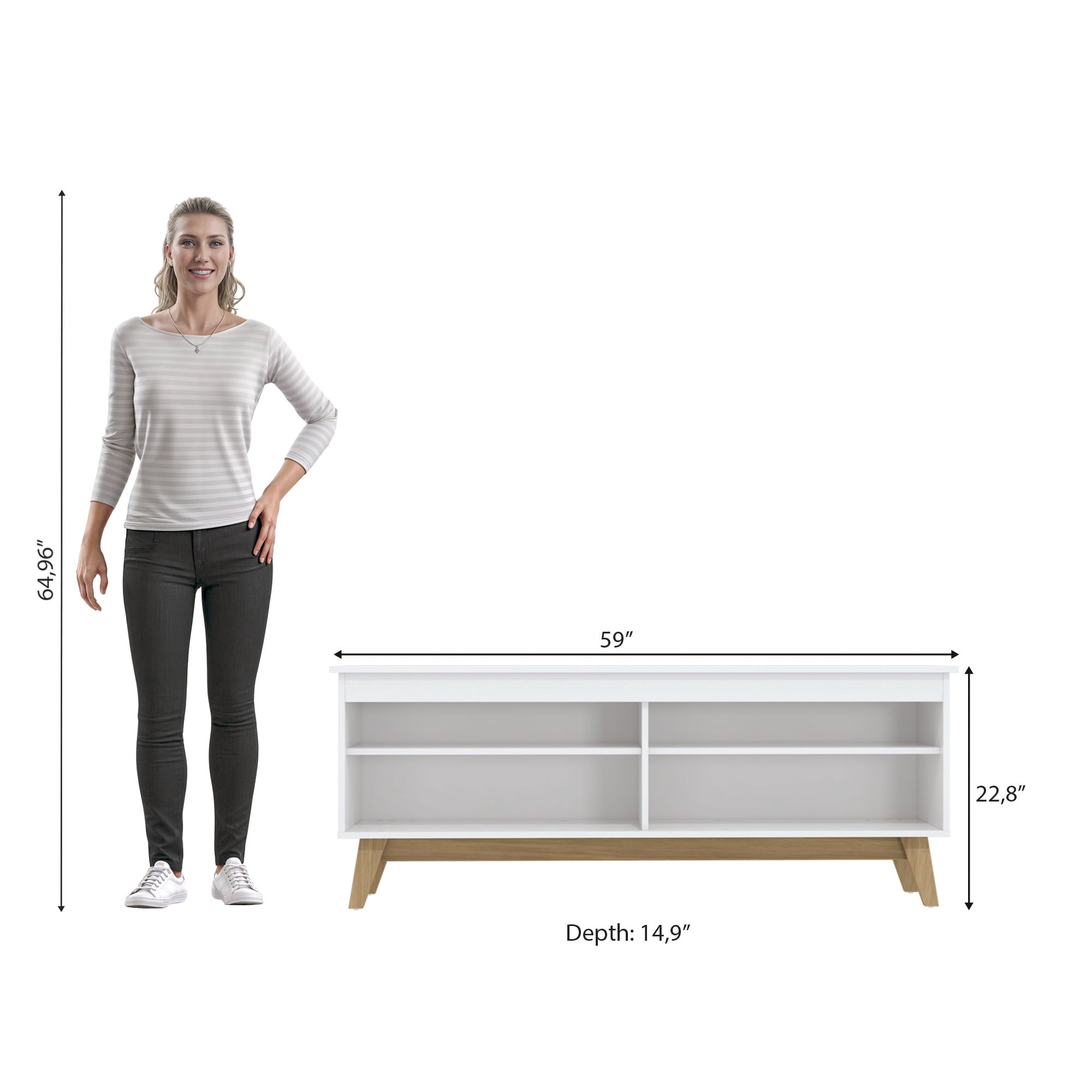 Kappesberg Bergen White 59" W TV Stand, Modern Entertainment Center with Open Storage Shelves, Media Console for Living Room for Adults and Teens