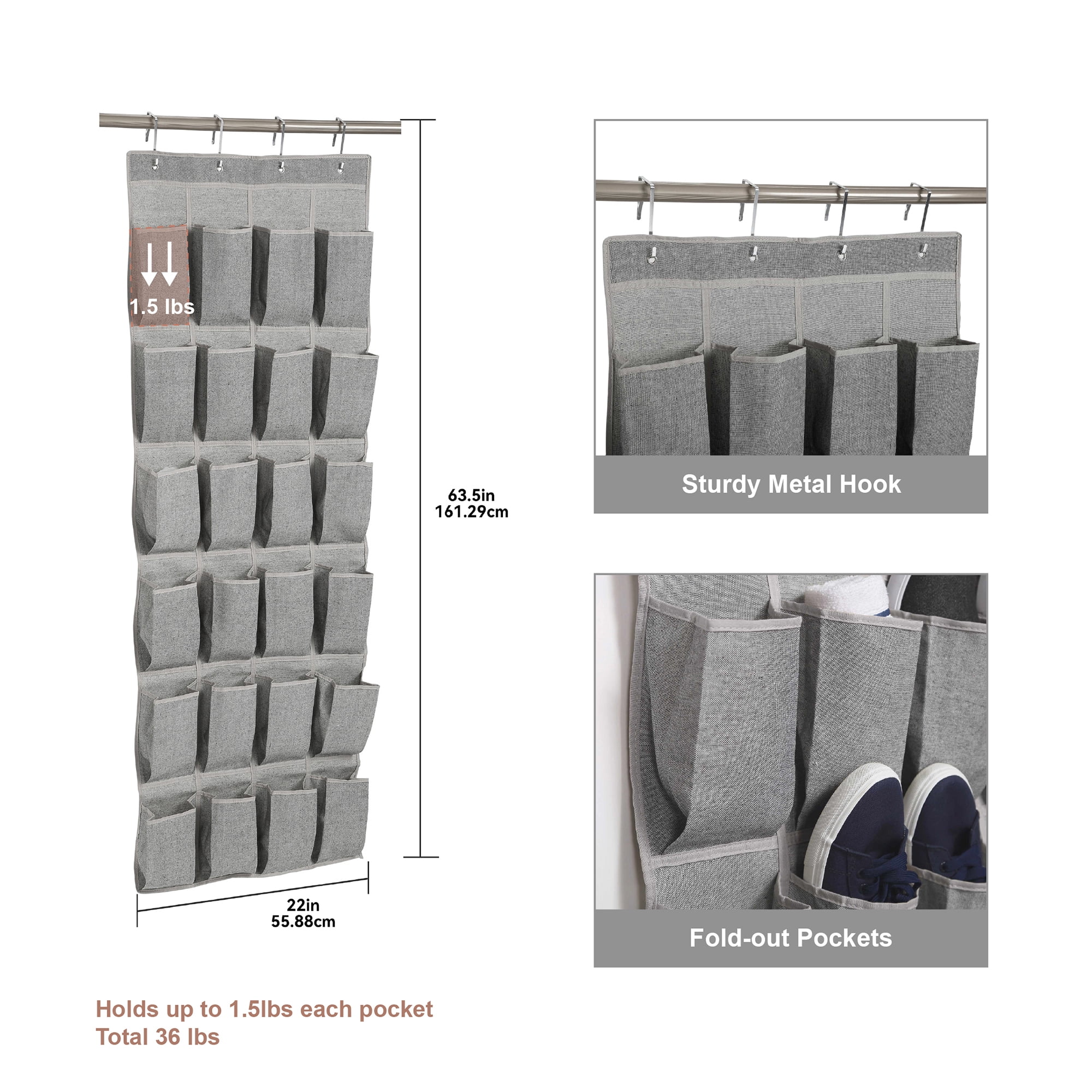 Better Homes & Gardens 24-Pocket Over-the-Door Shoe Organizer for Shoes and Accessories, Gray