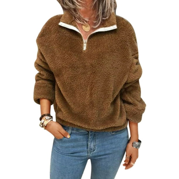 LUXUR Women Jumper Tops Long Sleeve Sweatshirt Front Zip T shirt