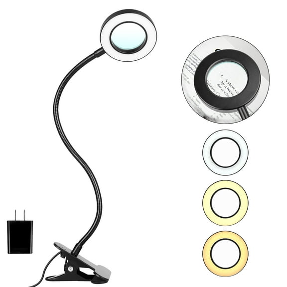 Desk Clip on Lamp with 5X Magnifying Glass, 10 Dimmable Brightness 3 Modes, 5V 2A Adapter, Clamp Light for Reading, Craft, Painting, Close Work, Black