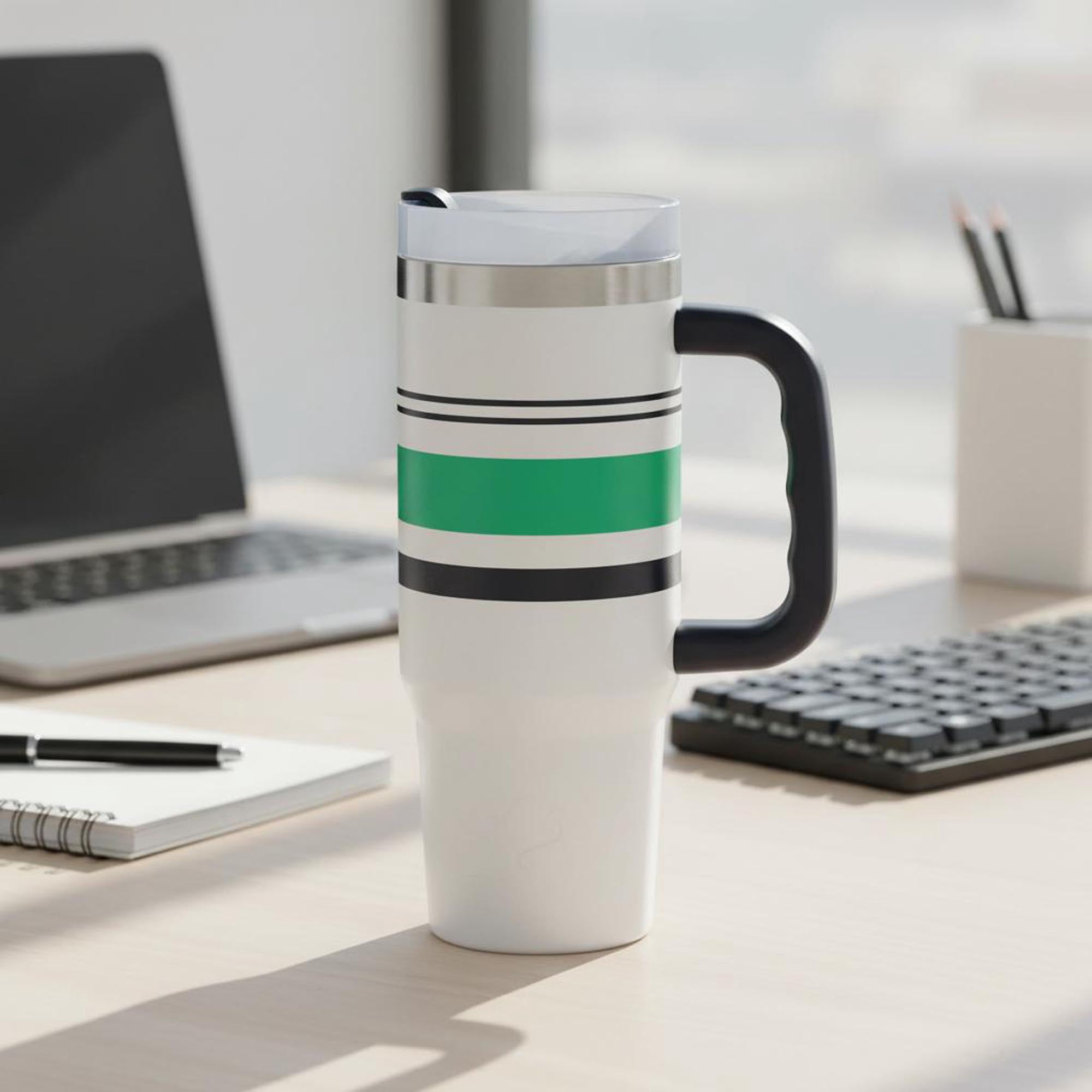 Ozark Trail 30 oz Stainless Steel Insulated Varsity Tumbler with Handle, White with Green Stripe