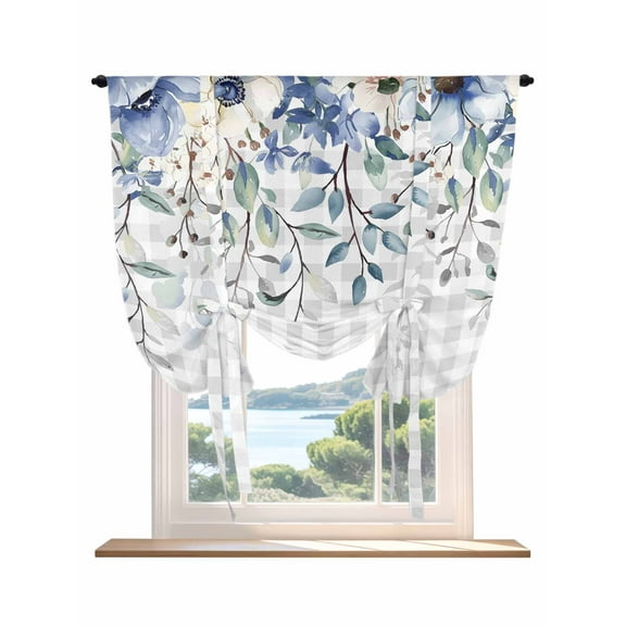 Eucalyptus Flowers Tie Up Curtains for Windows 63 Inch Length Balloon Curtains Kitchen Adjustable Balloon Window Shade Botanical Floral Leaves Gray Plaid Tie Up Bathroom Curtain Window 52"x63"