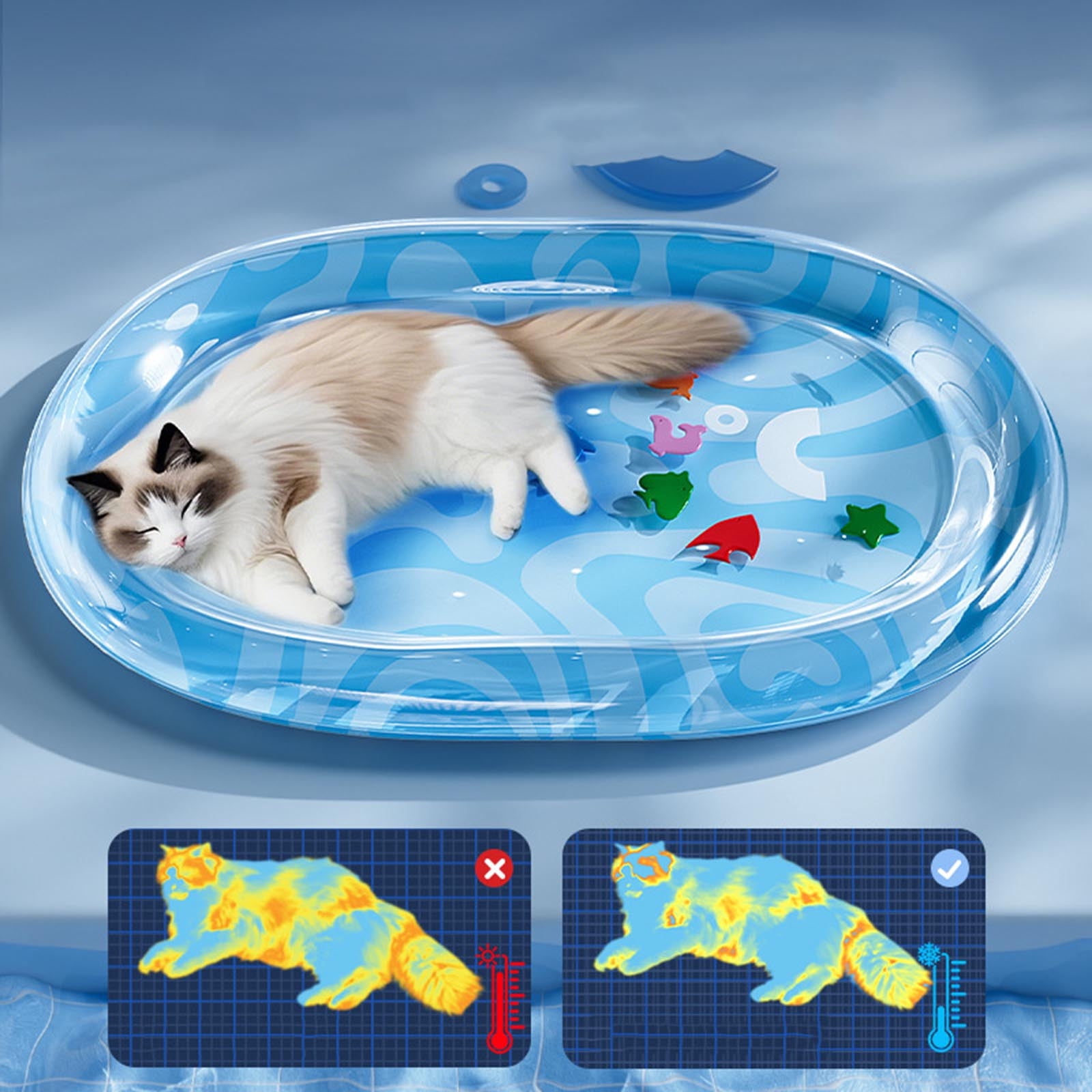 Pet Cooling Pad for Dogs & Cats Thick Waterproof Stain-Resistant Water Mat with Sensory Floating Fish Interactive Play Mat for Summer Indoor Outdoor Travel Use