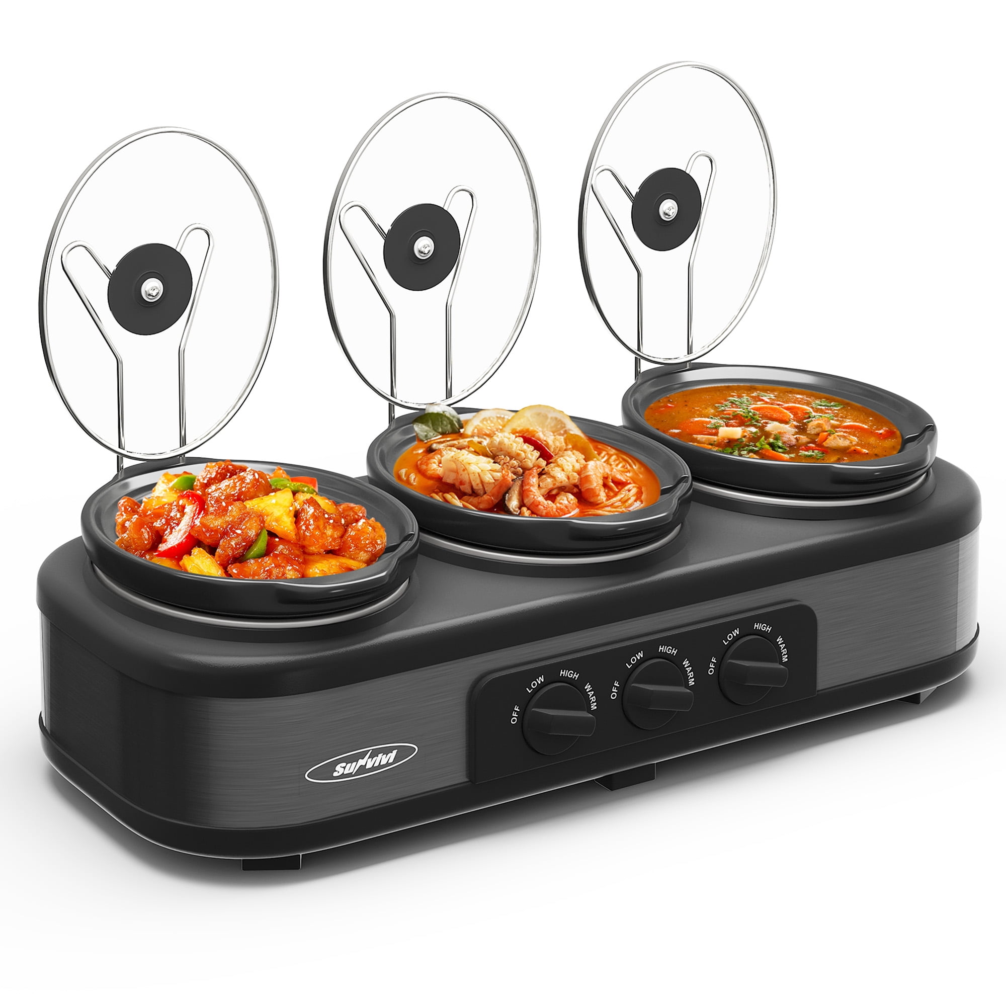 Sunvivi 3-in-1 Crock Pot Slow Cooker, 4.5QT Buffet Server and Food Warmer with 3 Removable Ceramic Pots, Crockpot with 3 Spoons and Lid Rests for Parties, Picnics, Grey
