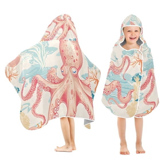 Octopus and Coral Kids Hooded Beach Towel Baby Bath Poncho Towels with Hood Absorbent 50"x23.5" for Pool Swimming