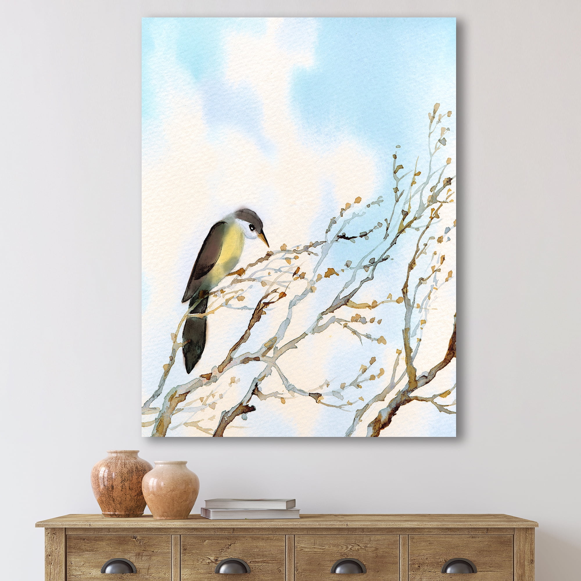 Bird Sitting On Old Bare Tree With Blue Cloudy Sky 16 in x 32 in Painting Canvas Art Print, by Designart