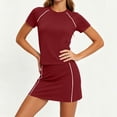 thumbnail image 4 of Ohufall 2PC Womens Short Skirt Sets Sport Short Sleeve Crew Neck Solid Color Elastic Waist Top with Short Skirt Sets, 4 of 5