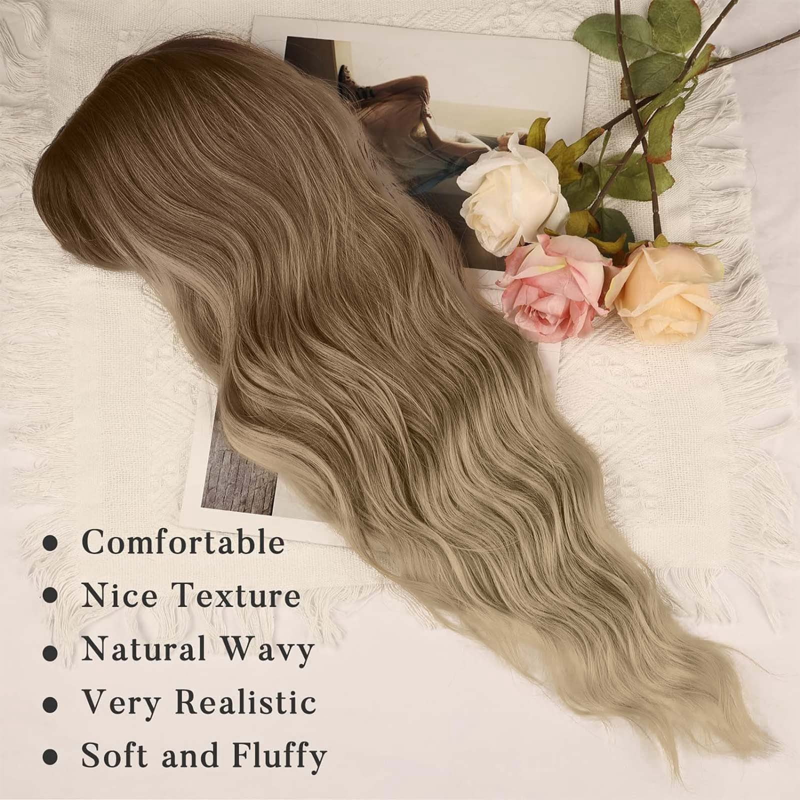 Long Wavy Wig with Bangs for Women, Brown Highlight Synthetic Wig with Dark Roots, Heat Resistant Wigs for Daily Party Use(Gold,One Size)