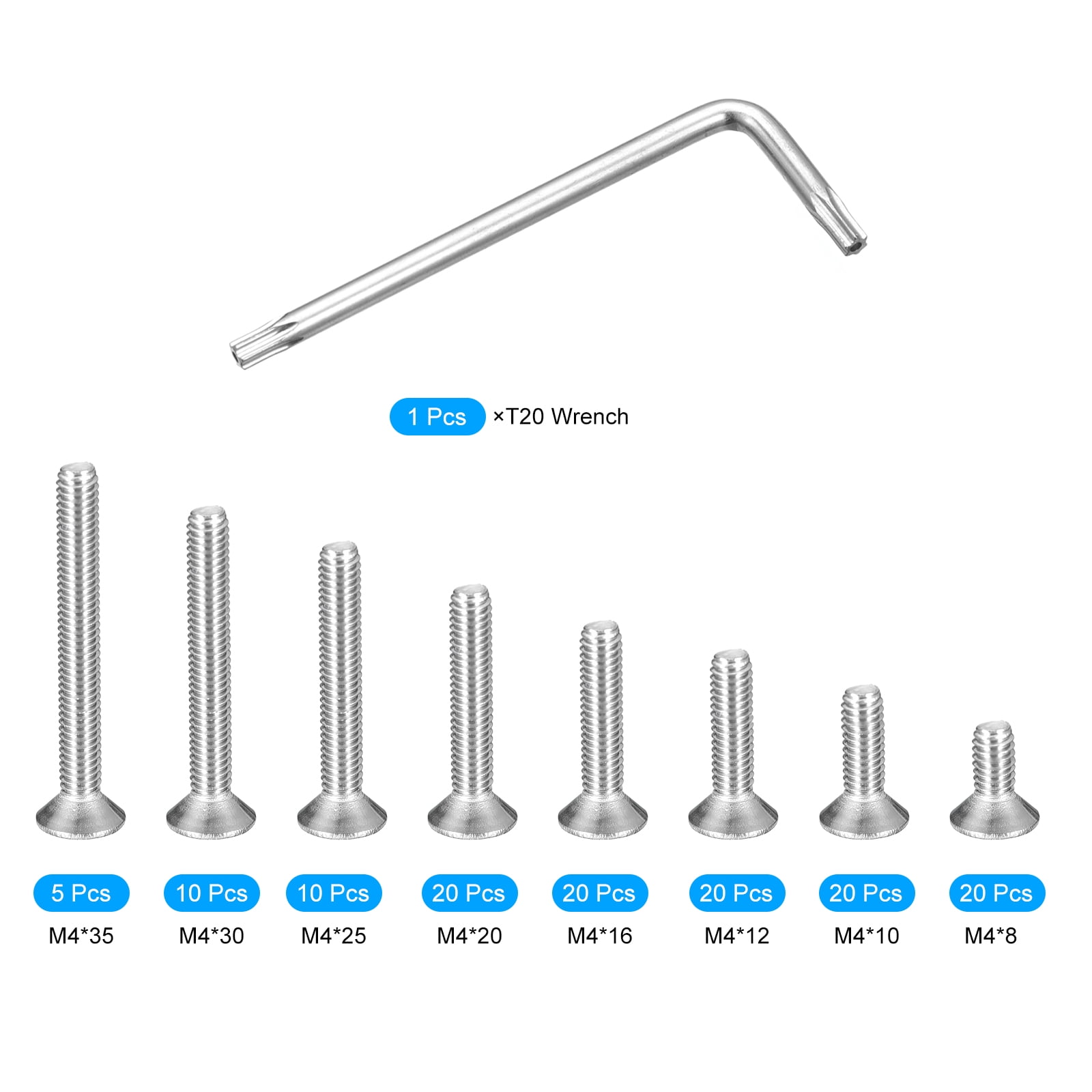 Uxcell M4 Torx Security Screws Kit, (M4x8/10/12/16/20/25/30/35mm)125pcs Countersunk Head W 1pcs T20 Wrench Bolts