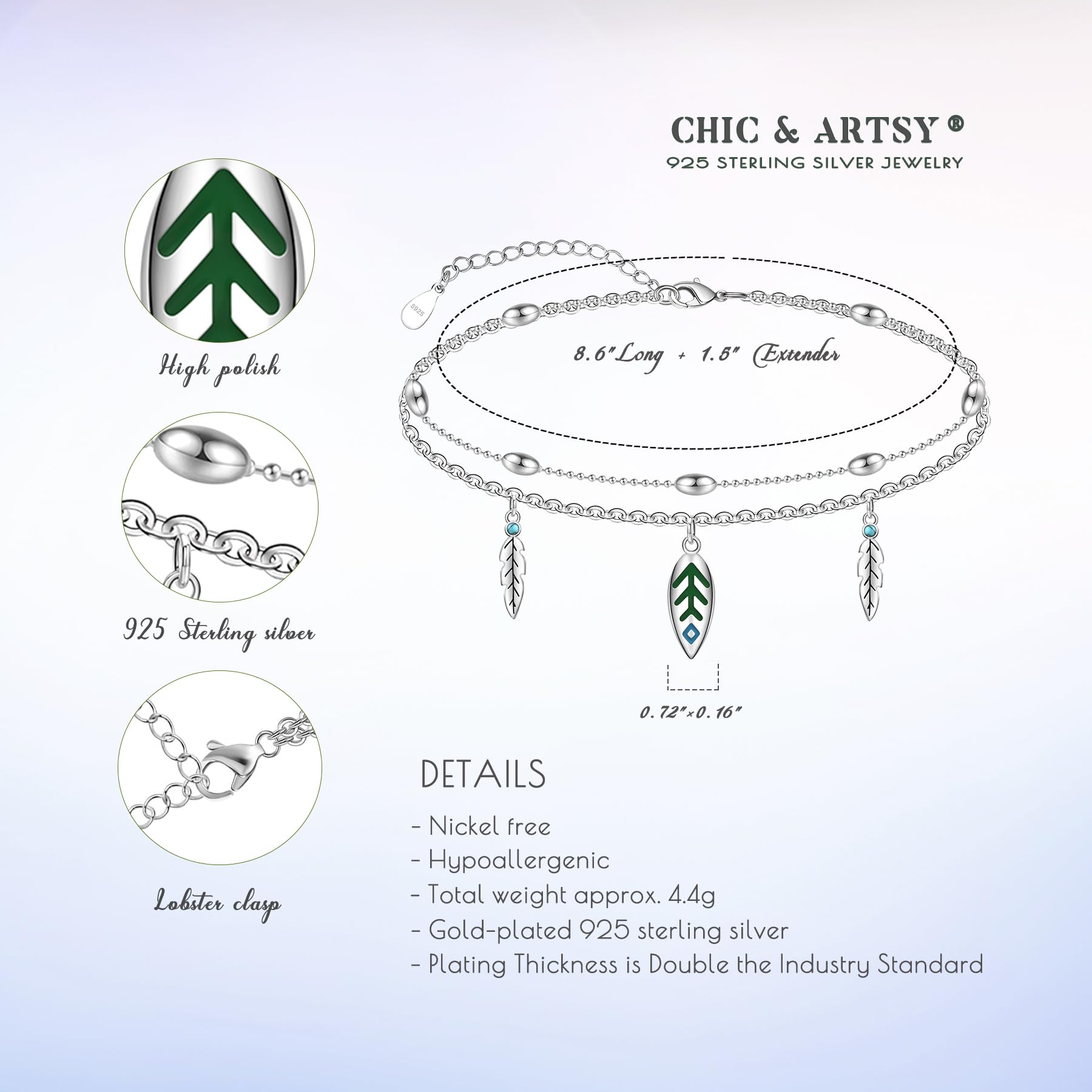 CHIC & ARTSY Sterling Silver Anklet Bracelet - Summer Beach Ankle Bracelets Created with Turquoise Feather - Hypoallergenic Layered Feather Foot Chain Jewelry