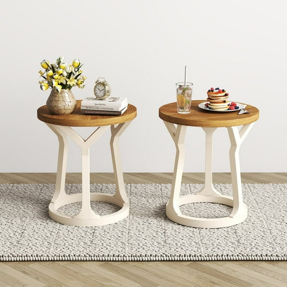 Kinbor 2Pcs Accent Farmhouse Round End Table Side Tables Nightstand Natural Top and Legs, White