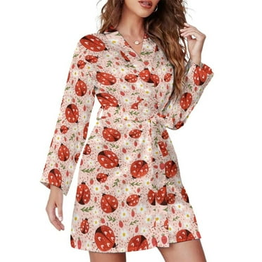 Long Sleeve Robes for Women Ladybugs With Heart Spots Soft Belted Bathrobe Nightgown V Neck Sleepwear Loungewear