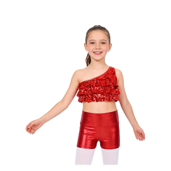 TTAO Gymnastics Leotard With Sequins For Children Girls' Leotard for Ballet Modern Dance Competition Red 12