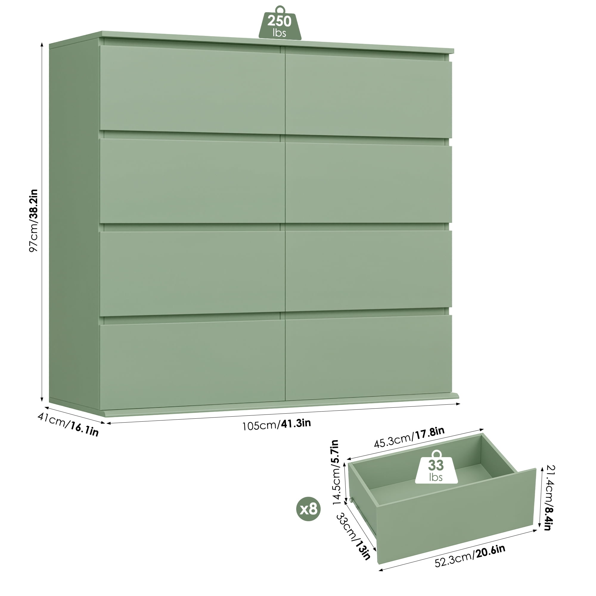Homfa 8 Drawer Dresser for Bedroom, Horizontal Dresser Chest with Easy Pull Bevel Handle, Storage Cabinet for Living Room, Green