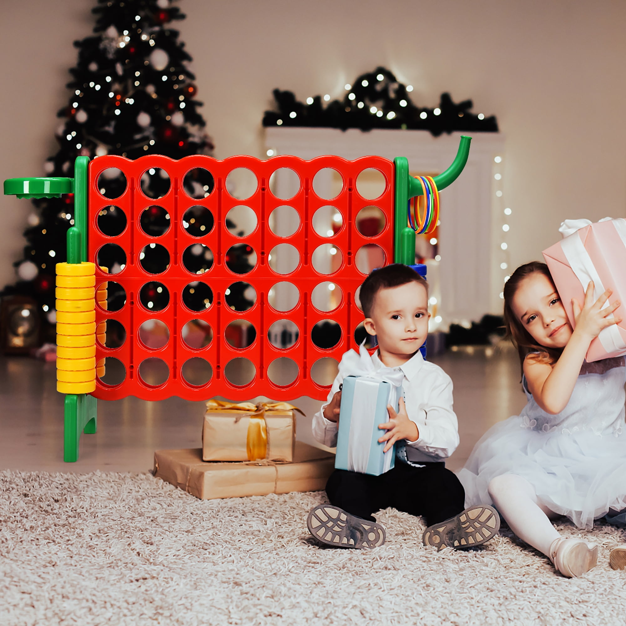 Costway 4-in-A Row Giant Game Set w/Basketball Hoop for Family Green