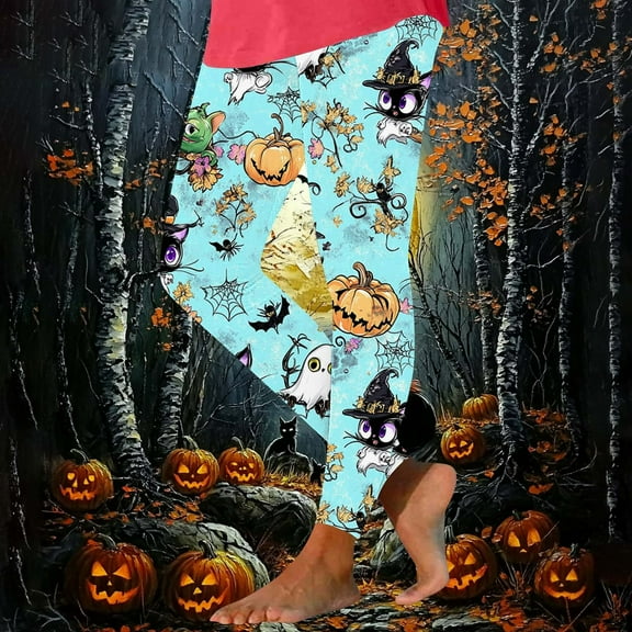 Fartey Women's Plus Size Halloween Leggings High Waisted Hip Lifting Workout Tights Funny Ghost Print Yoga Pants Soft Stretchy Gym Athletic Running Pants Multicolor L