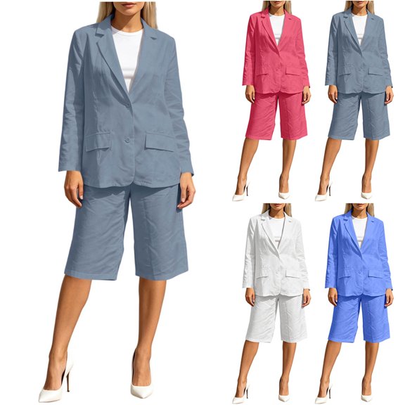 Ihhxva Women's Two Piece Set Lapel Long Sleeve Elastic Waist Button Detail Pockets Stretchable Summer Casual Lounge Vacation Outfit S-5XL