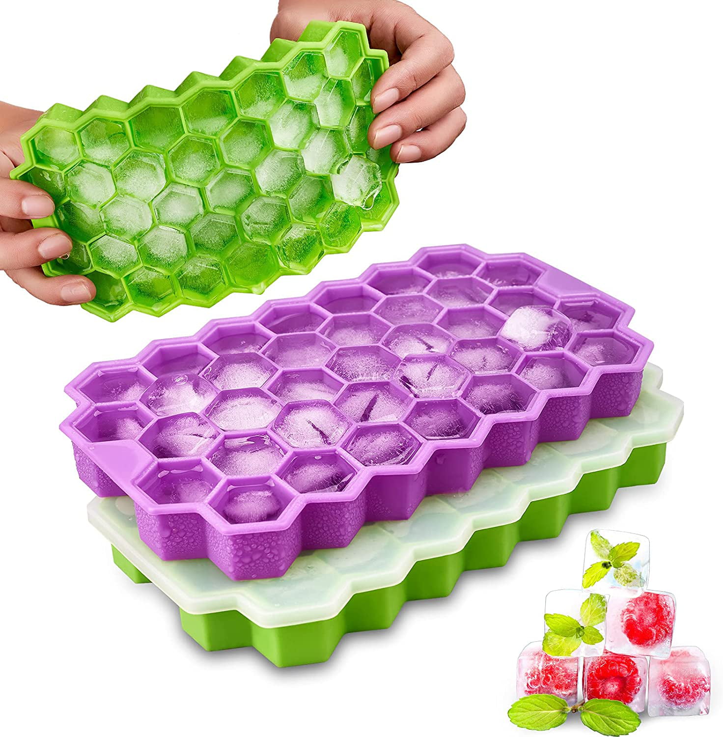 3 Pack drinks Ice Cube Trays for Freezer Frozen-iced Silicone Ice Tray with Removable Lid Flexible Ice Cube Molds 24 Cubes per Tray for Cocktail 