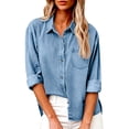 thumbnail image 2 of Women Denim Lapel Shirts Button Down Long Sleeve Shirts With Pocket Loose Fit Blouses Casual Tops Fall Outfits, 2 of 8