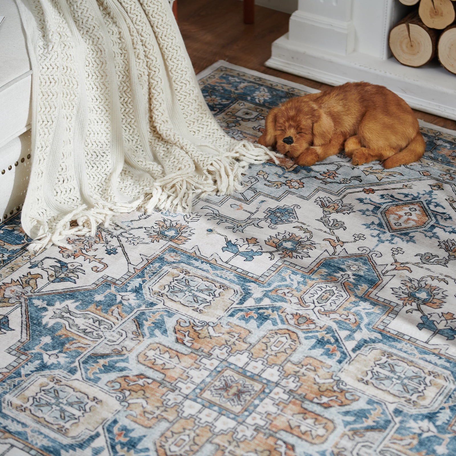 RUGKING Area Rugs for Living Room 6x9, Boho Vintage Medallion Look Home Floor Mat, Non Slip Washable Carpet, Blue