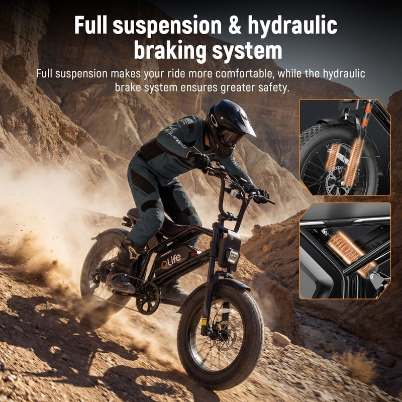 Plus Electric Bike for Adults, 1500W Peak 28 MPH 20" Fat Tires Electric Bicycle with Dual Suspension & Brakes Motorcycle, E-Bike Black
