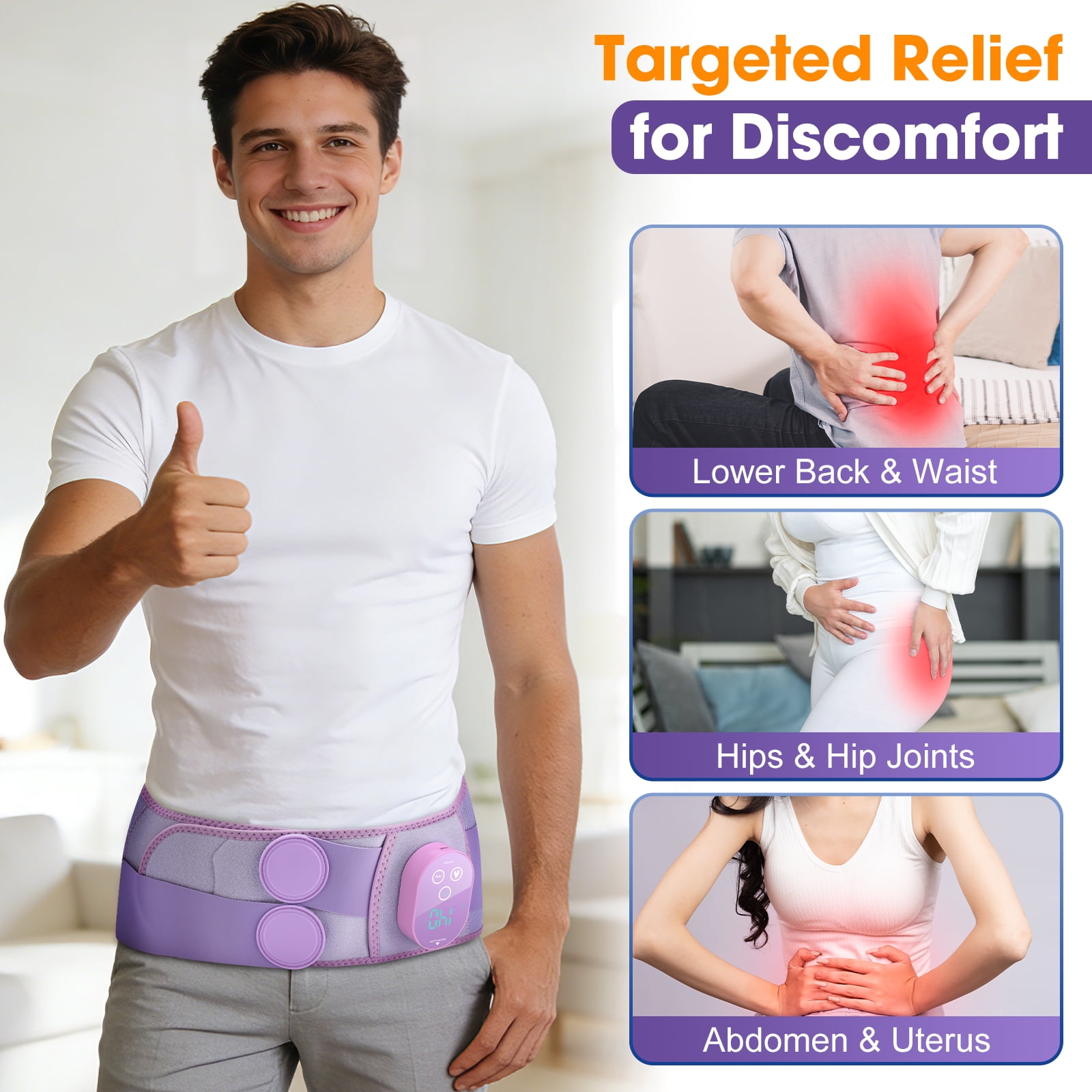 Lower Back Heating Pad for Sciatica, Cordless Hip Heating Pad, Buttock Heated Massager Wrap with 5 Heating, 3 Timing & Vibration Modes, 3000mAh Battery for Waist, Purple