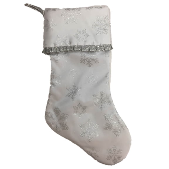 White Glitter Satin Snowflake Christmas Holiday Stocking With Ruffle
