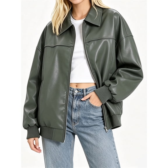 Women Faux Leather Jackets Bomber Casual PU Zip Motor Biker Coat