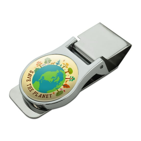 Save The Planet Illustration Conservation Satin Chrome Plated Metal Money Clip